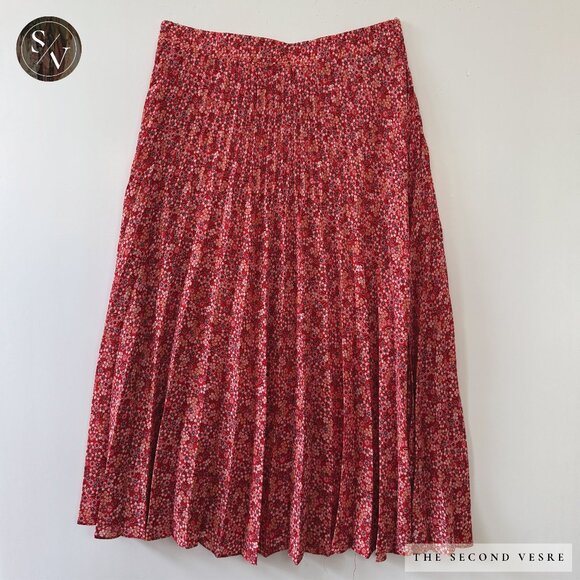Max Studio - Red Ditsy Floral Pleated Elastic Waist Midi Skirt - Picture 1 of 4
